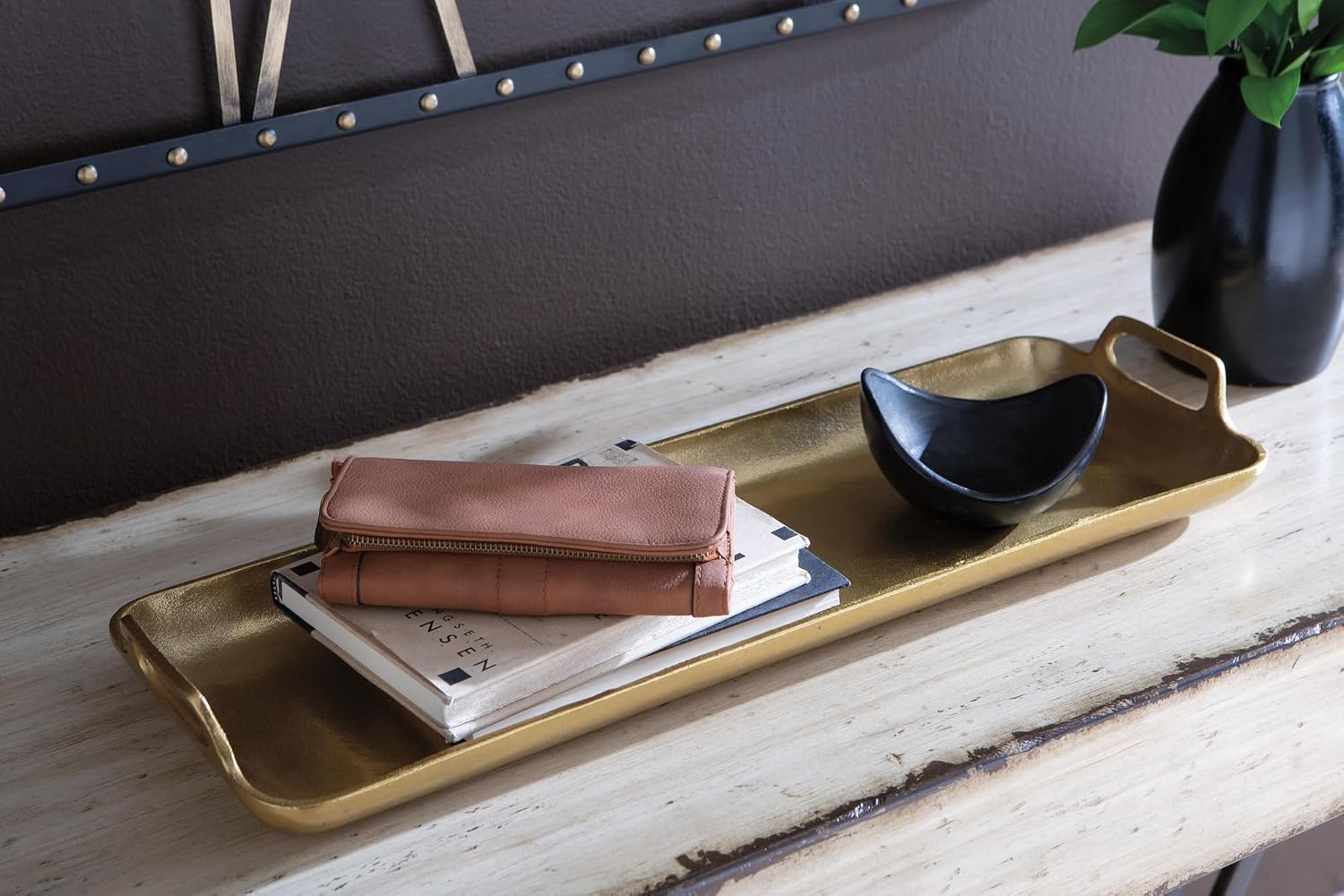 Signature Design by Ashley Posy Contemporary Decorative Metal Serving Tray with Handles, Display Only, Not Food Safe, Cast Aluminum, 24" Length, Gold Finish