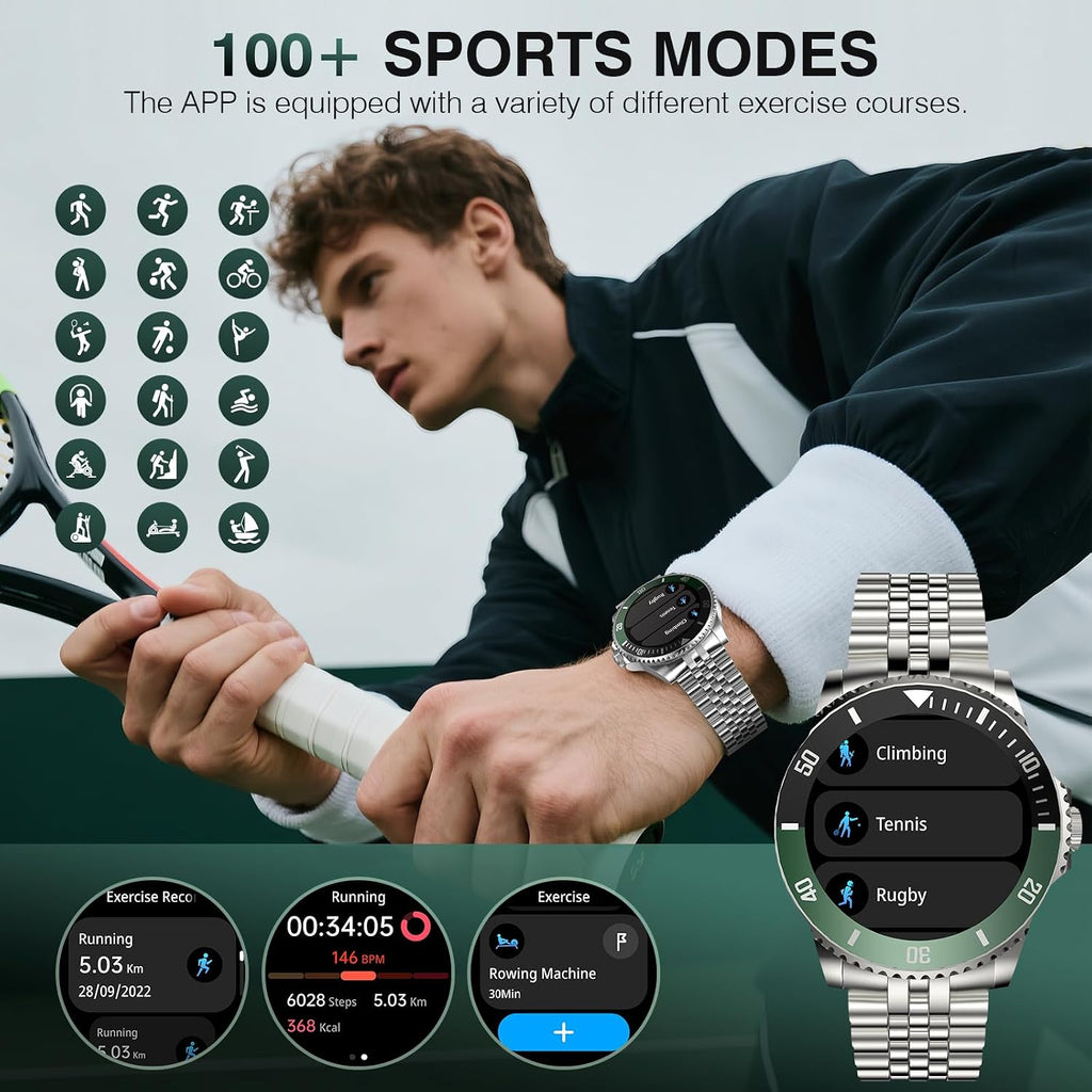 SOUYIE GPT AI Smart Watch for Men, Bluetooth Call Heart Rate Blood Pressure Blood Oxygen Sleep Monitor, 107 Sports Modes 1.19" AMOLED Display Waterproof Fitness Tracker Android iOS, 44mm Silver Green