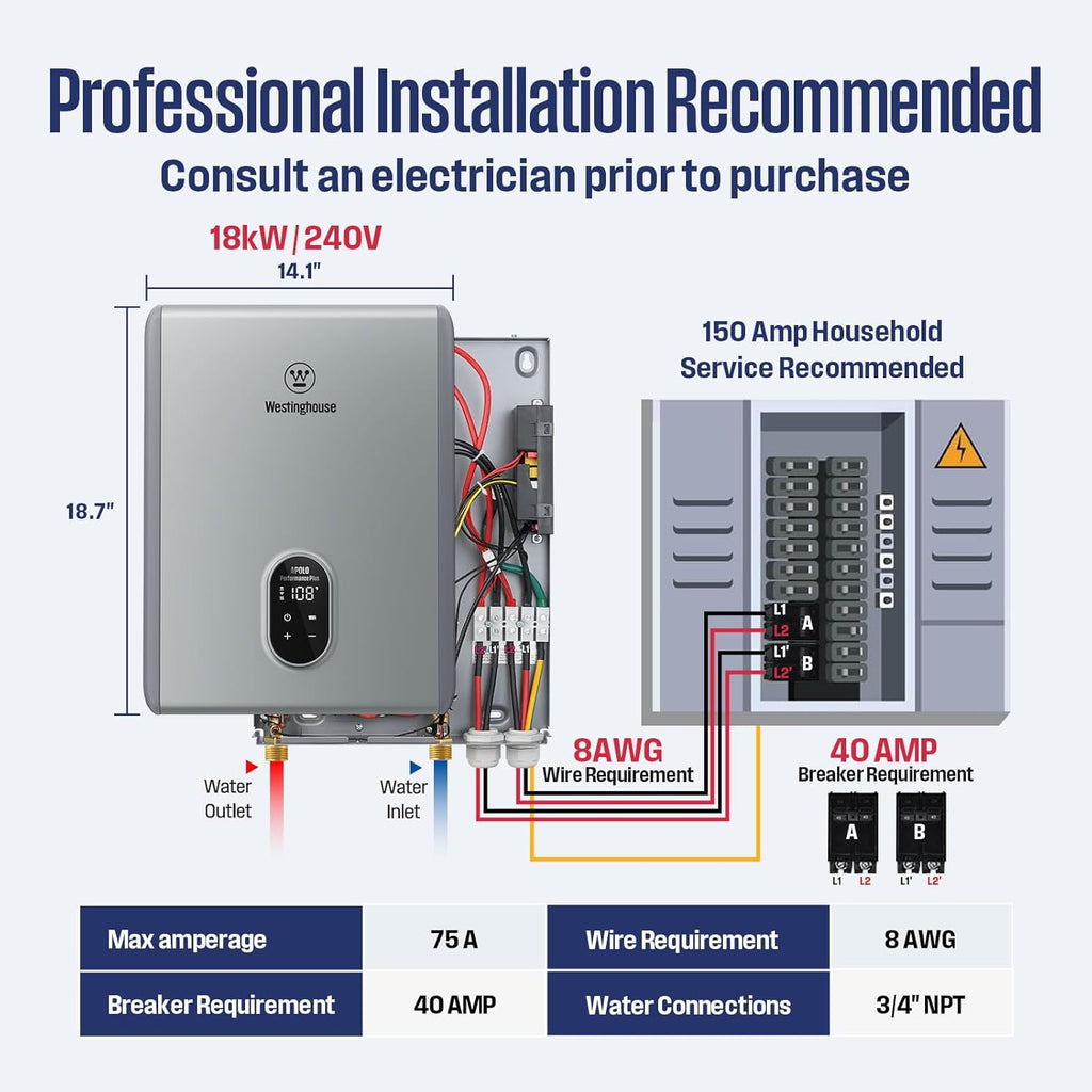 Westinghouse 18kW Electric Tankless Whole House Water Heater, 4.2 GPM Instant Hot Water on Demand, 240V, WIFI & Self Modulating High Efficiency, Copper Heating, LED Display, ETL Certified