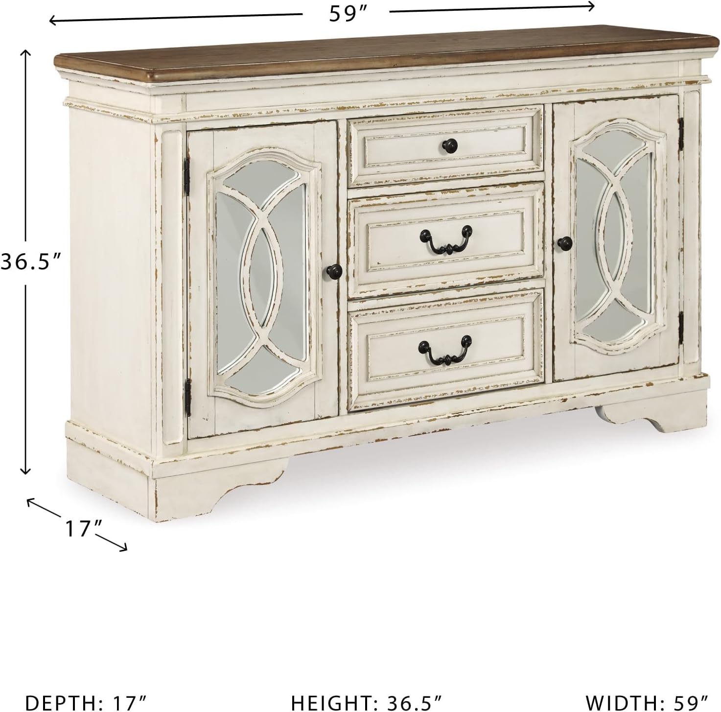 Signature Design by Ashley Realyn French Country Distressed Dining Room Server, 3 Drawers, 2 Cabinet Doors, Wood, 59" W x 17" D x 36.5" H, Chipped White