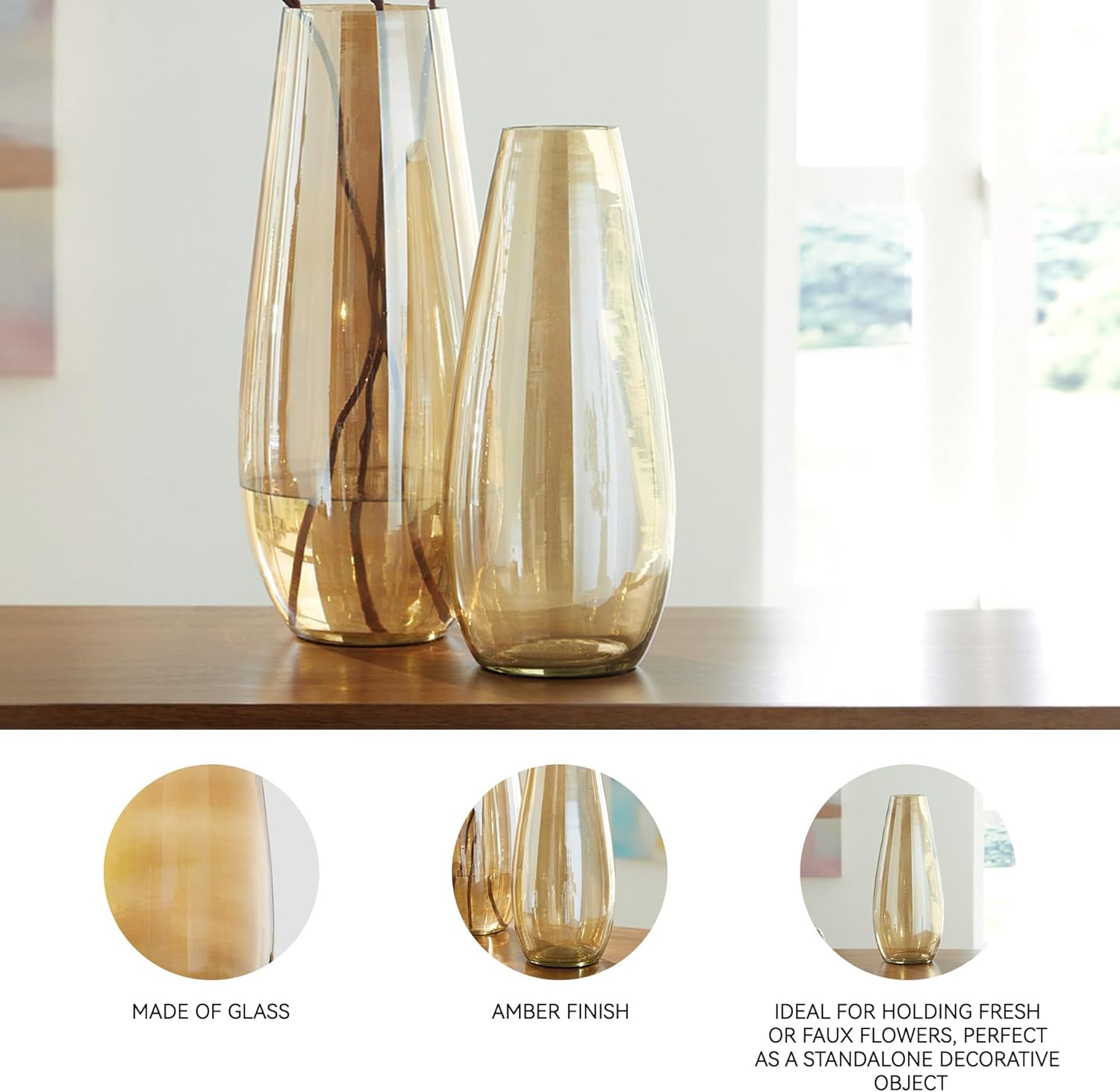 Signature Design by Ashley Rhettman Farmhouse Indoor/Outdoor 16" Glass Tabletop Vase, Light Brown