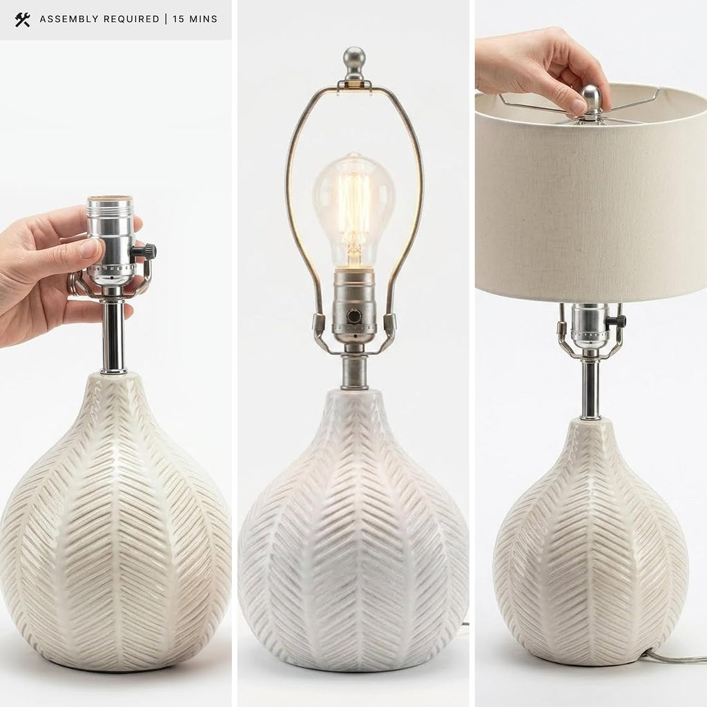 Signature Design by Ashley Rainermen Casual Ceramic Table Lamp, Transparent White Glaze Finish, Drum Hardback Fabric Shade, 11" W x 11" D x 21" H, Off White