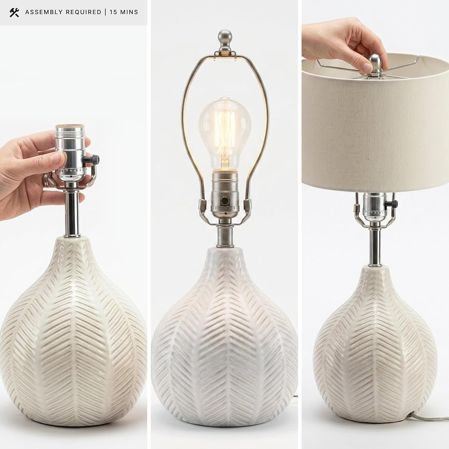 Signature Design by Ashley Rainermen Casual Ceramic Table Lamp, Transparent White Glaze Finish, Drum Hardback Fabric Shade, 11" W x 11" D x 21" H, Off White