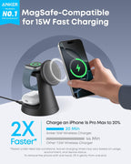 Anker MagSafe Charger Compatible, MagGo 3-in-1 Charging Station, Nano Charging Stand, Qi2 Certified 15W Magnetic Wireless Charger Dock, for iPhone 17/16/15/14, Apple Watch, AirPods (Adapter Included)