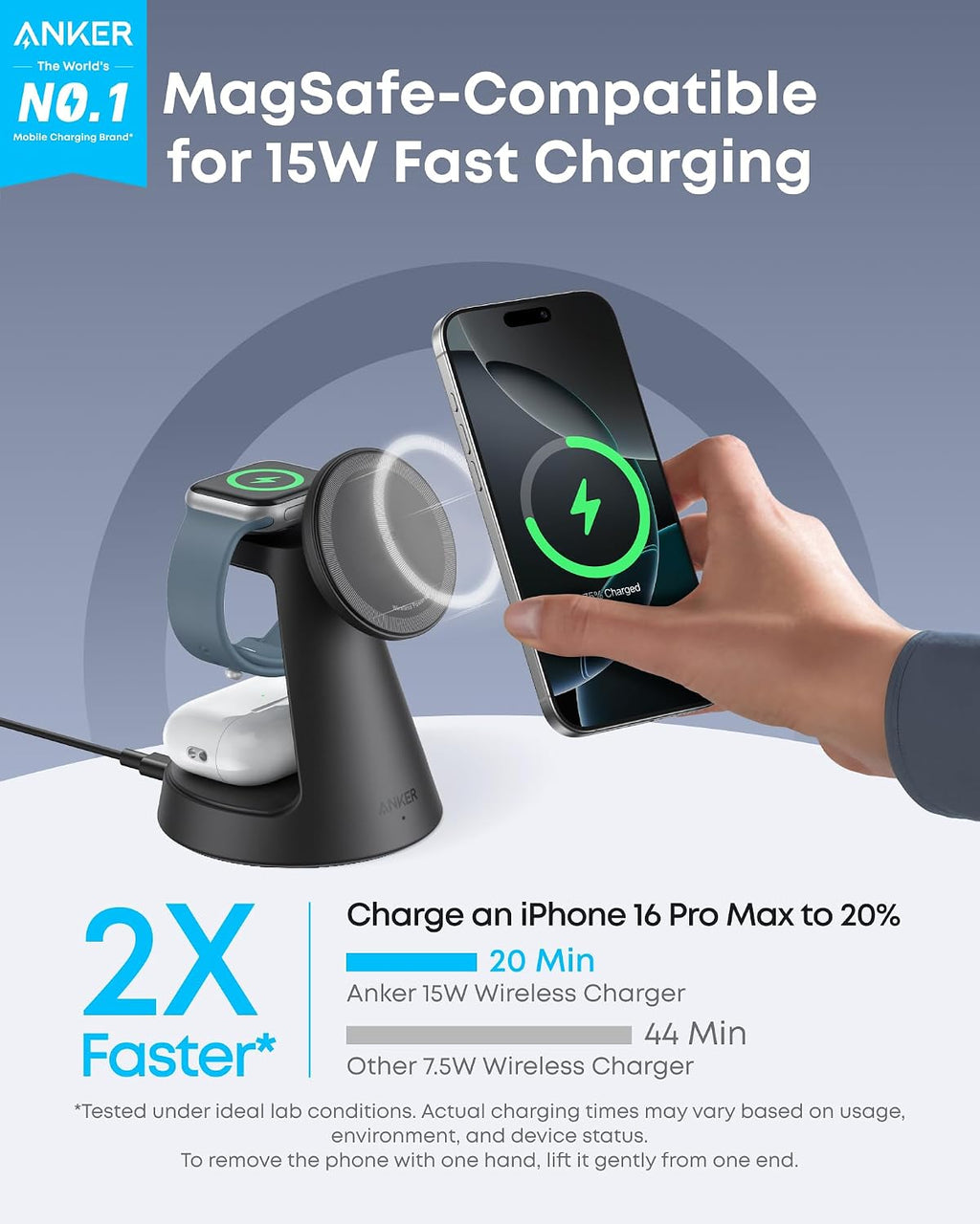 Anker MagSafe Charger Compatible, MagGo 3-in-1 Charging Station, Nano Charging Stand, Qi2 Certified 15W Magnetic Wireless Charger Dock, for iPhone 17/16/15/14, Apple Watch, AirPods (Adapter Included)