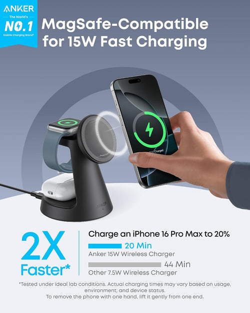 Anker MagSafe Charger Compatible, MagGo 3-in-1 Charging Station, Nano Charging Stand, Qi2 Certified 15W Magnetic Wireless Charger Dock, for iPhone 17/16/15/14, Apple Watch, AirPods (Adapter Included)