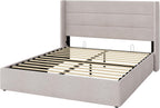 Allewie Queen Size Lift Up Storage Bed, Modern Wingback Headboard, Hydraulic Support, No Box Spring Needed, Light Beige