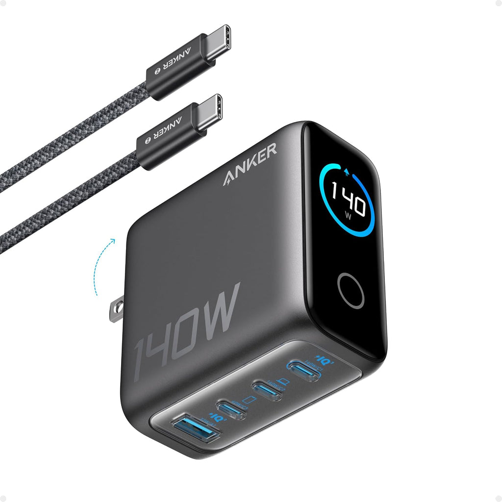 Anker 140W 4-Port GaN MacBook Charger, USB C Charger Block with Display | Fast Charger USB C Power Adapter with Touch Controls for Macbook,iPad,iPhone 17/16 Series (Include 5FT Cable,Non-Battery)