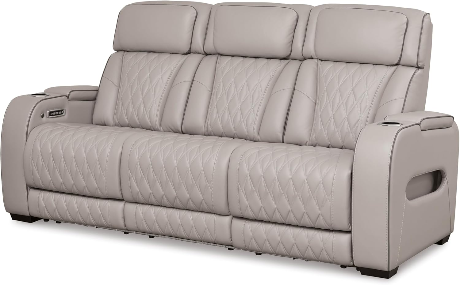Signature Design by Ashley Boyington Contemporary Leather Match Power Reclining Sofa with USB Charging Ports, LED Lights and Adjustable Headrest, Light Gray