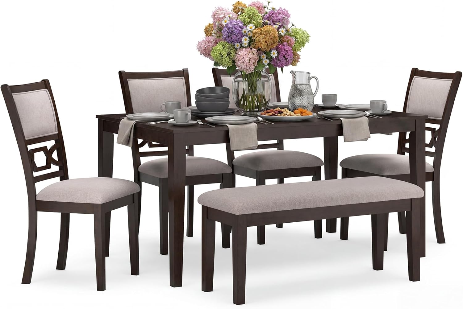 Signature Design by Ashley Langwest Dining Table Set for 6, Transitional 6-Piece Wood Kitchen Table and Chairs Set with Bench, Cushioned Seats, Cherry Brown