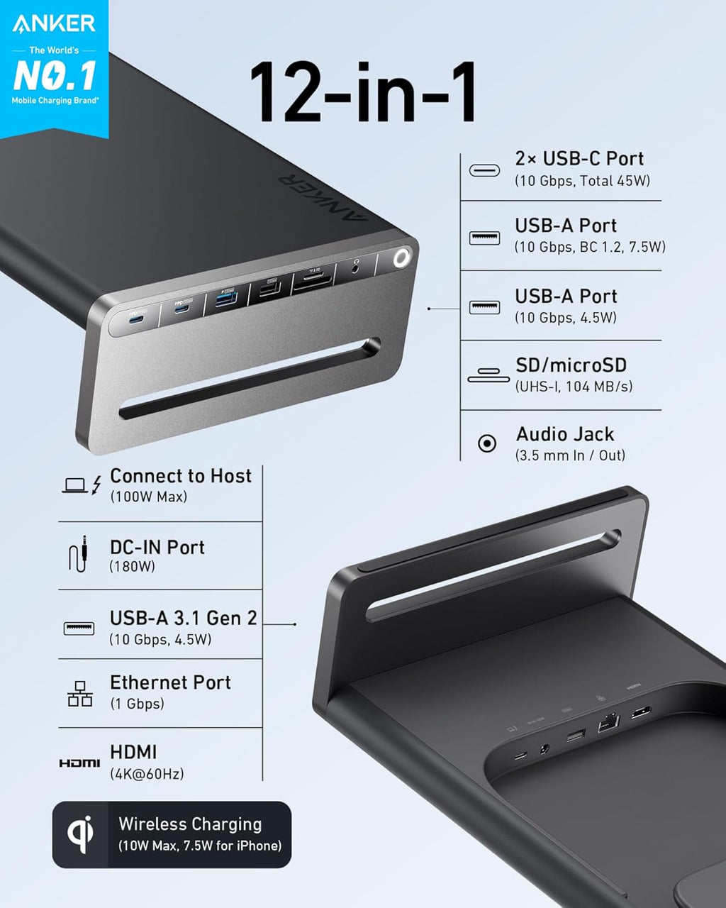 Anker 675 USB-C Docking Station (12-in-1, Monitor Stand, Wireless) | 10Gbps USB-C Ports, 4K@60Hz HDMI Display, Wireless Charging Pad, for Lenovo ThinkPad, MacBook Pro M1 / M2