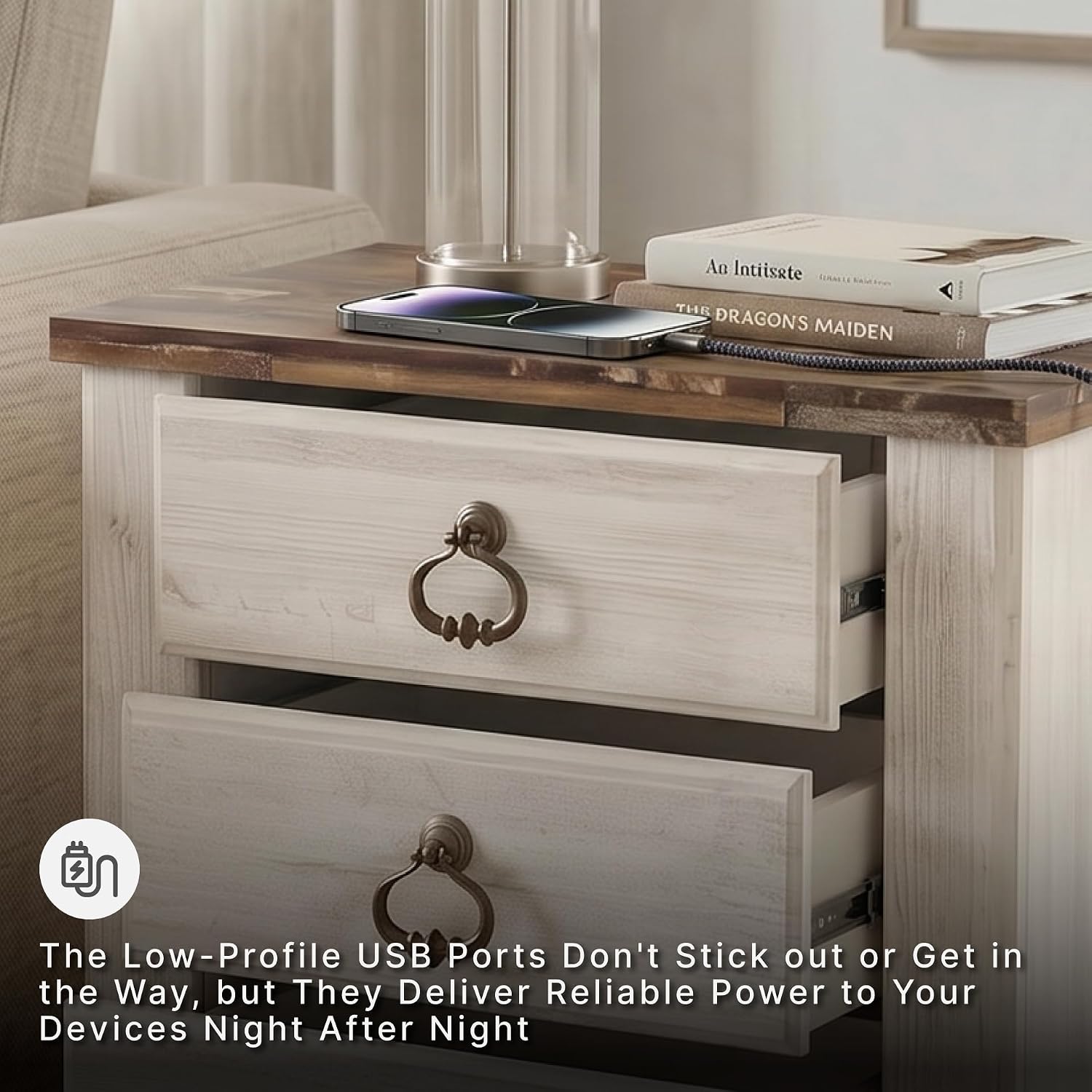 Signature Design by Ashley Willowton Farmhouse 2 Drawer Nightstand with USB Charging Ports, 25.67" Tall, Whitewash