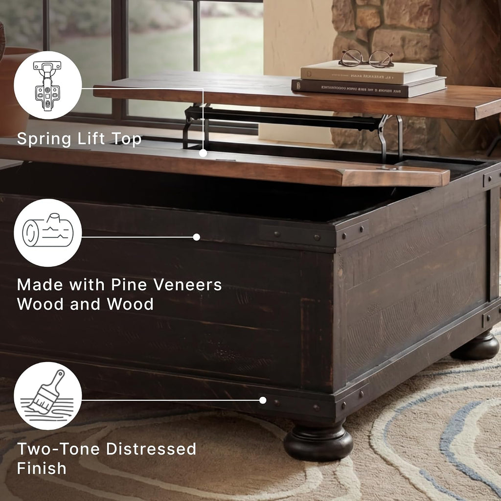 Signature Design by Ashley Valebeck Lift Top Coffee Table, Storage, Split-top Design, Wood, 36" W x 36" D x 18" H, 2-tone Distressed Brown & Black Finish