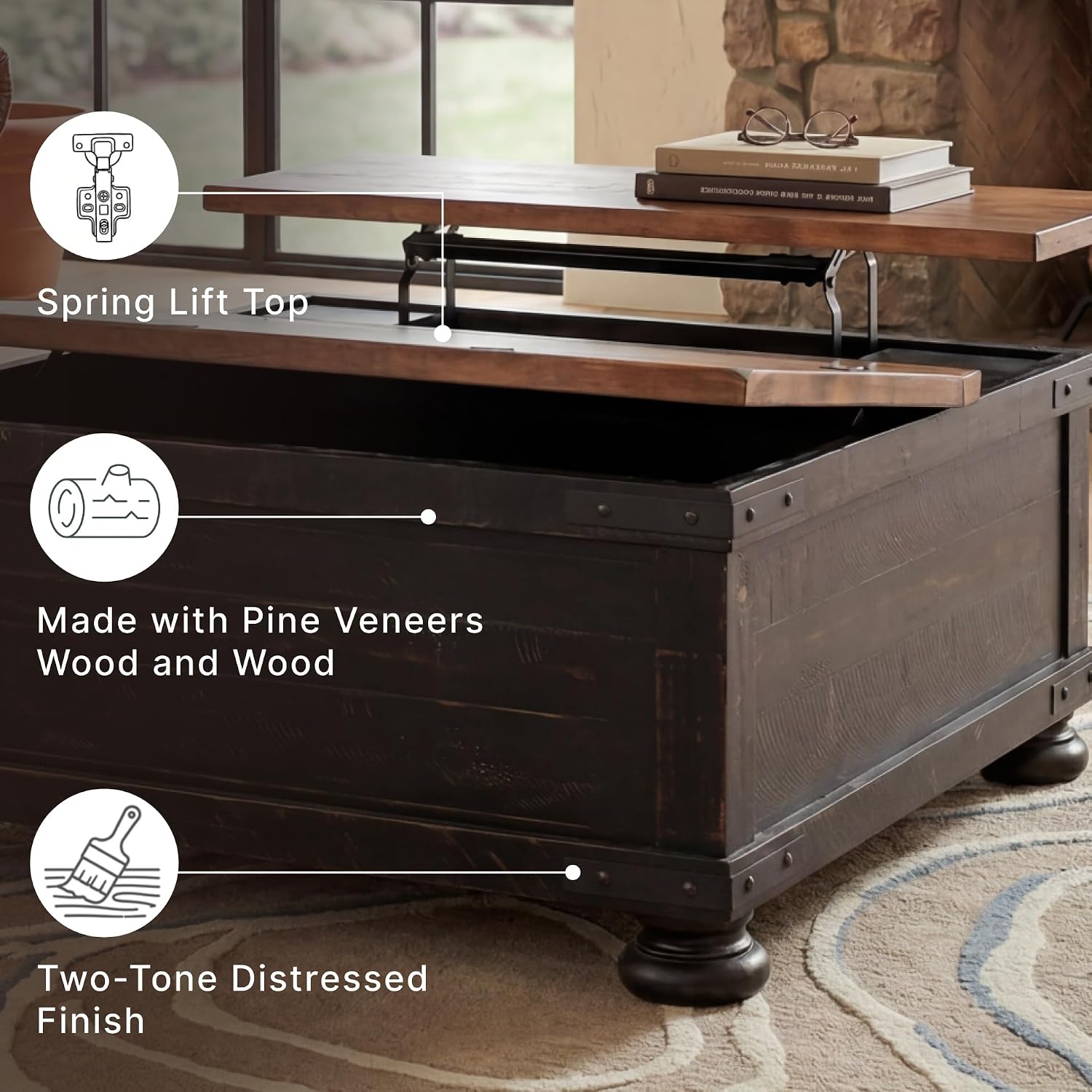 Signature Design by Ashley Valebeck Lift Top Coffee Table, Storage, Split-top Design, Wood, 36" W x 36" D x 18" H, 2-tone Distressed Brown & Black Finish