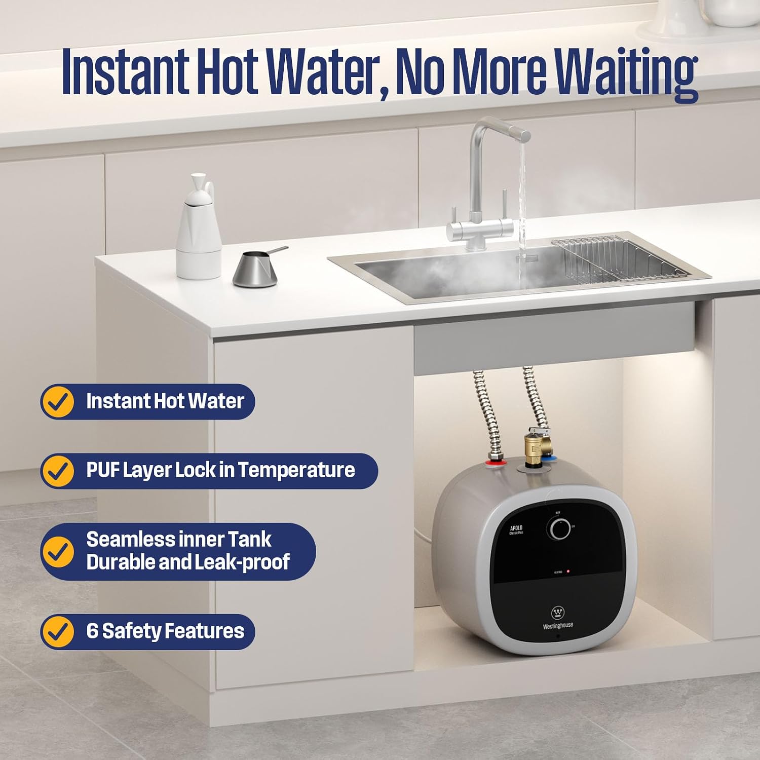 Westinghouse Under Sink Water Heater, 2.5 Gallon Instant Hot Water Heater for Point of Use, 120V 1440W Electric Mini Tank for Kitchen Sink & RV, Wall/Floor Mount, CSA Listed