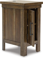 Signature Design by Ashley Moriville Rustic Farmhouse End Table with 1 Cabinet Door and USB Ports, Brown