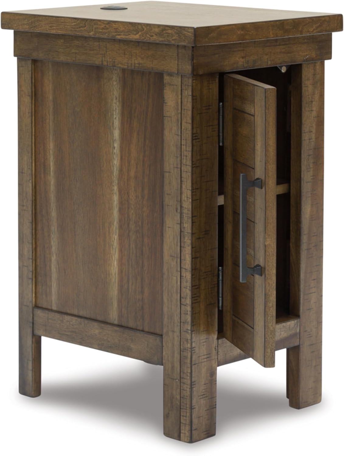 Signature Design by Ashley Moriville Rustic Farmhouse End Table with 1 Cabinet Door and USB Ports, Brown