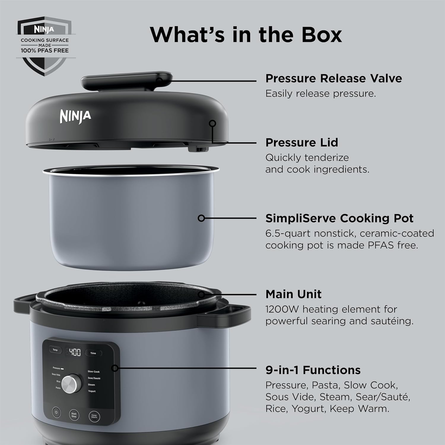 Ninja HyperHeat 9-in-1 Electric Pressure Cooker | 6.5 Qt Multi Cooker with Sear/Sauté, Slow Cooker, Rice Cooker, Sous Vide | 1200W | Fast Cooking, PFAS-Free Pot | Stone Purple | PC201SP
