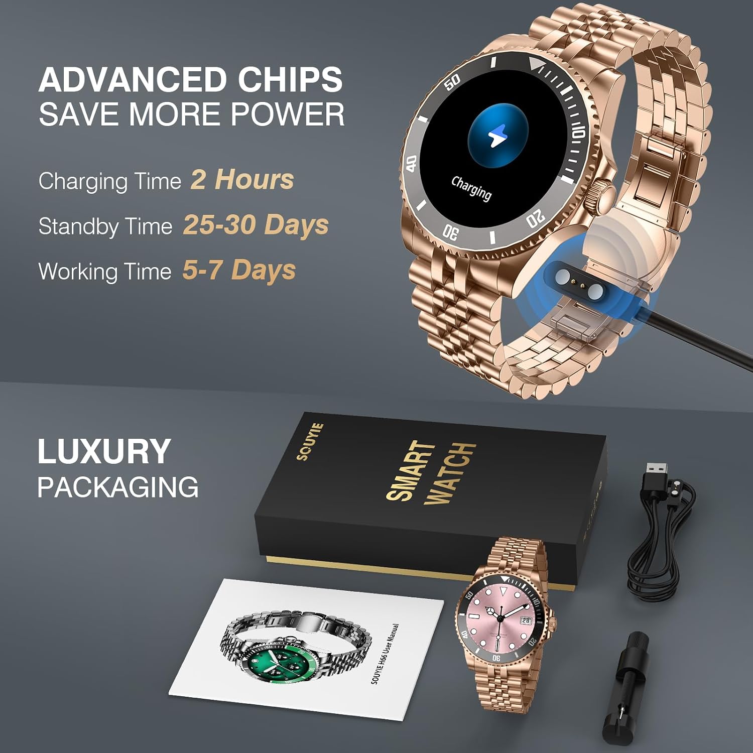 SOUYIE AI Smart Watch for Men, 1.19" AMOLED 44mm, 24/7 Heart Rate Blood Pressure Blood Oxygen Sleep Monitor, 107 Sports Tracker, IP67 Waterproof, Bluetooth Call Voice Assistant, for Android iOS Gold