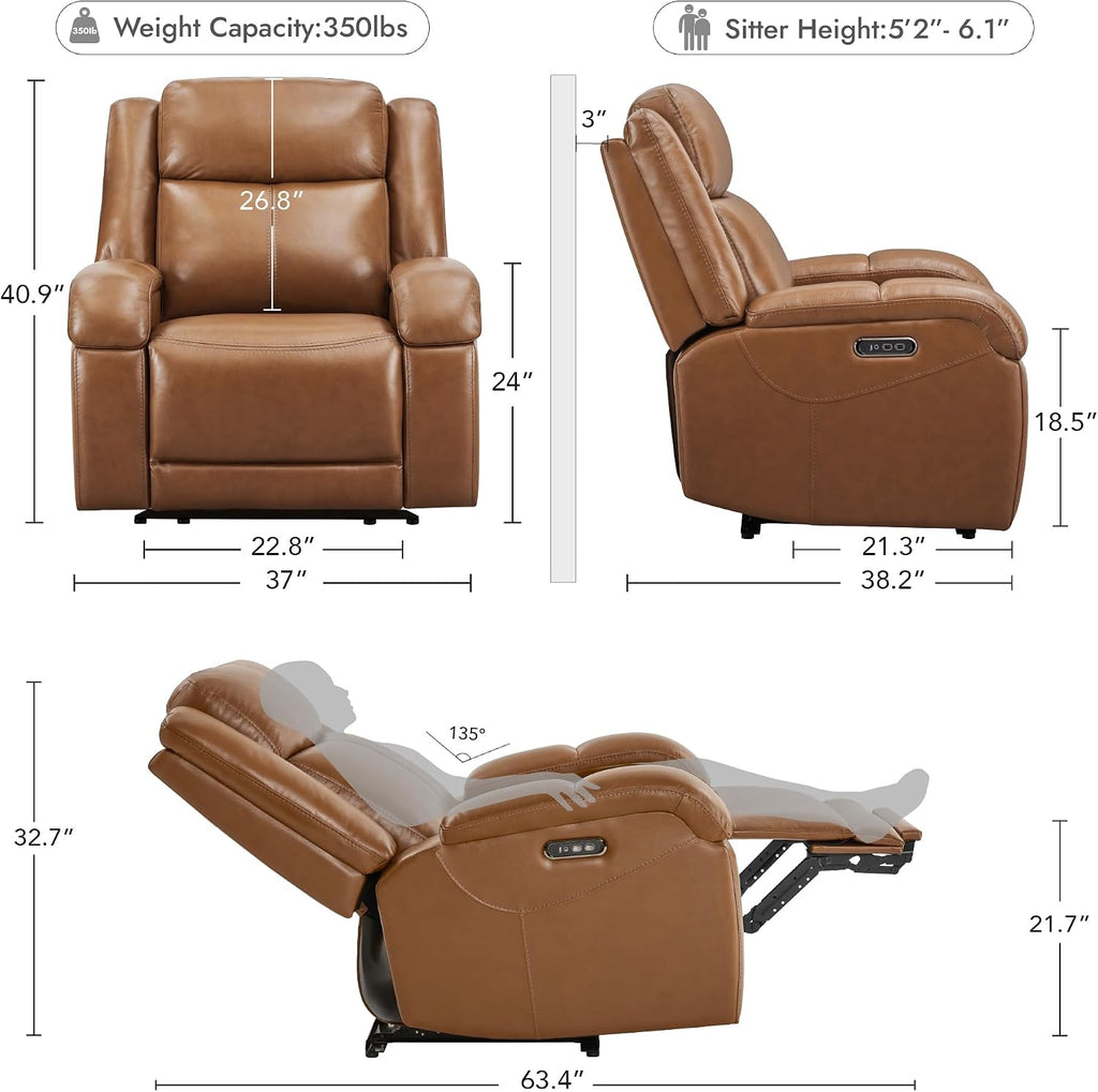 Watson & Whitely Genuine Leather Power Recliner Chairs for Adults, Wall Hugger RV Recliner with Power Headrest & Charging Ports, Electric Recliner Sofa Chair for Living Room, Saddle Brown