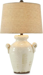 Signature Design by Ashley Emelda Casual Farmhouse Ceramic Table Lamp with Fabric Modified Drum Shade and 3-Way Switch, 27.25', Cream Glaze Crackle Finish