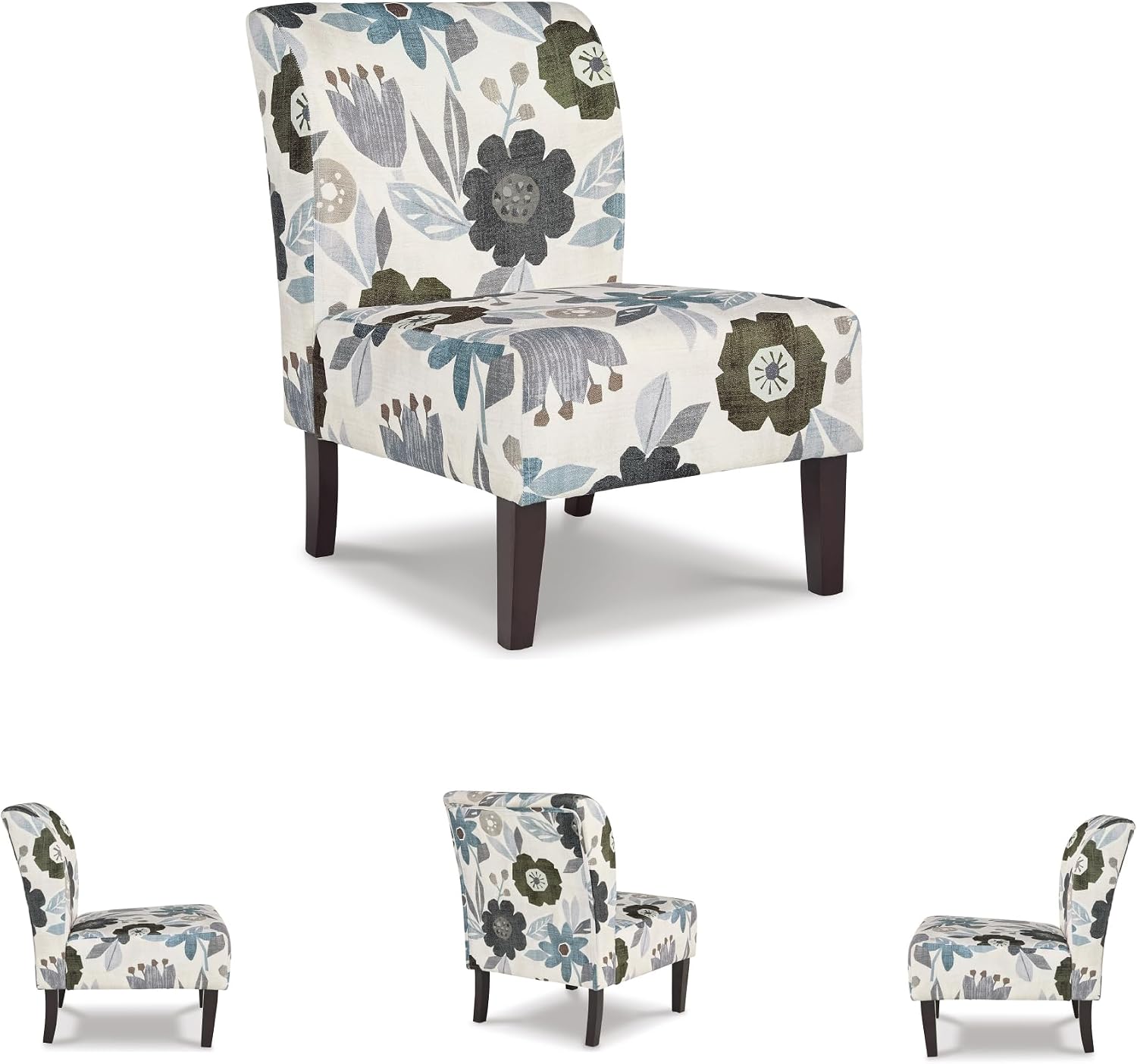 Signature Design by Ashley Triptis Floral Armless Accent Chair with Attached Cushions, Fabric Upholstery, Wood Legs, 16.63" Seat Height, White, Blue & Gray