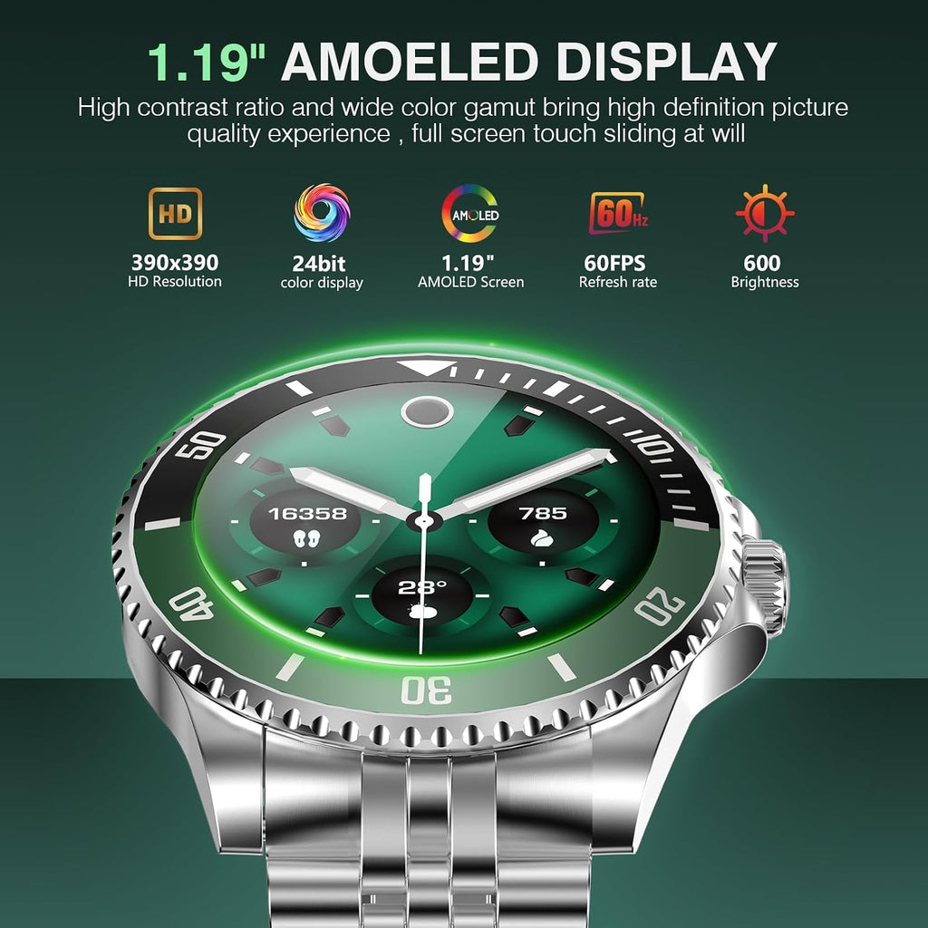 SOUYIE GPT AI Smart Watch for Men, Bluetooth Call Heart Rate Blood Pressure Blood Oxygen Sleep Monitor, 107 Sports Modes 1.19" AMOLED Display Waterproof Fitness Tracker Android iOS, 44mm Silver Green