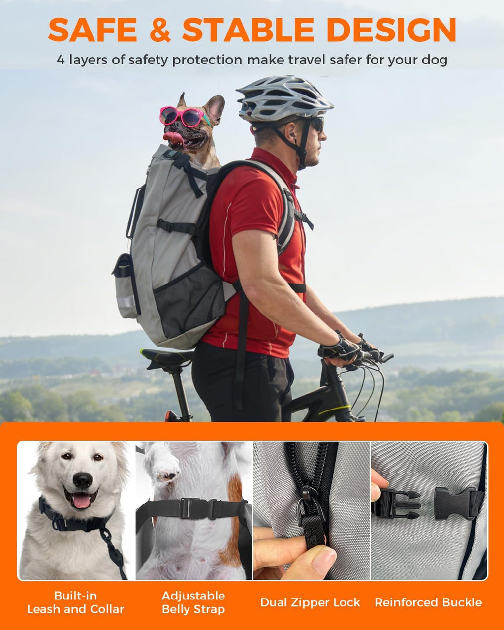 Waterproof Dog Backpack Carrier for Medium Dogs Under 30 lb, Grey | 4-Layer Protection, Adjustable Dog Hiking Backpack with Storage Pockets, Reflective Strips, Non-Slip Handle for Travel