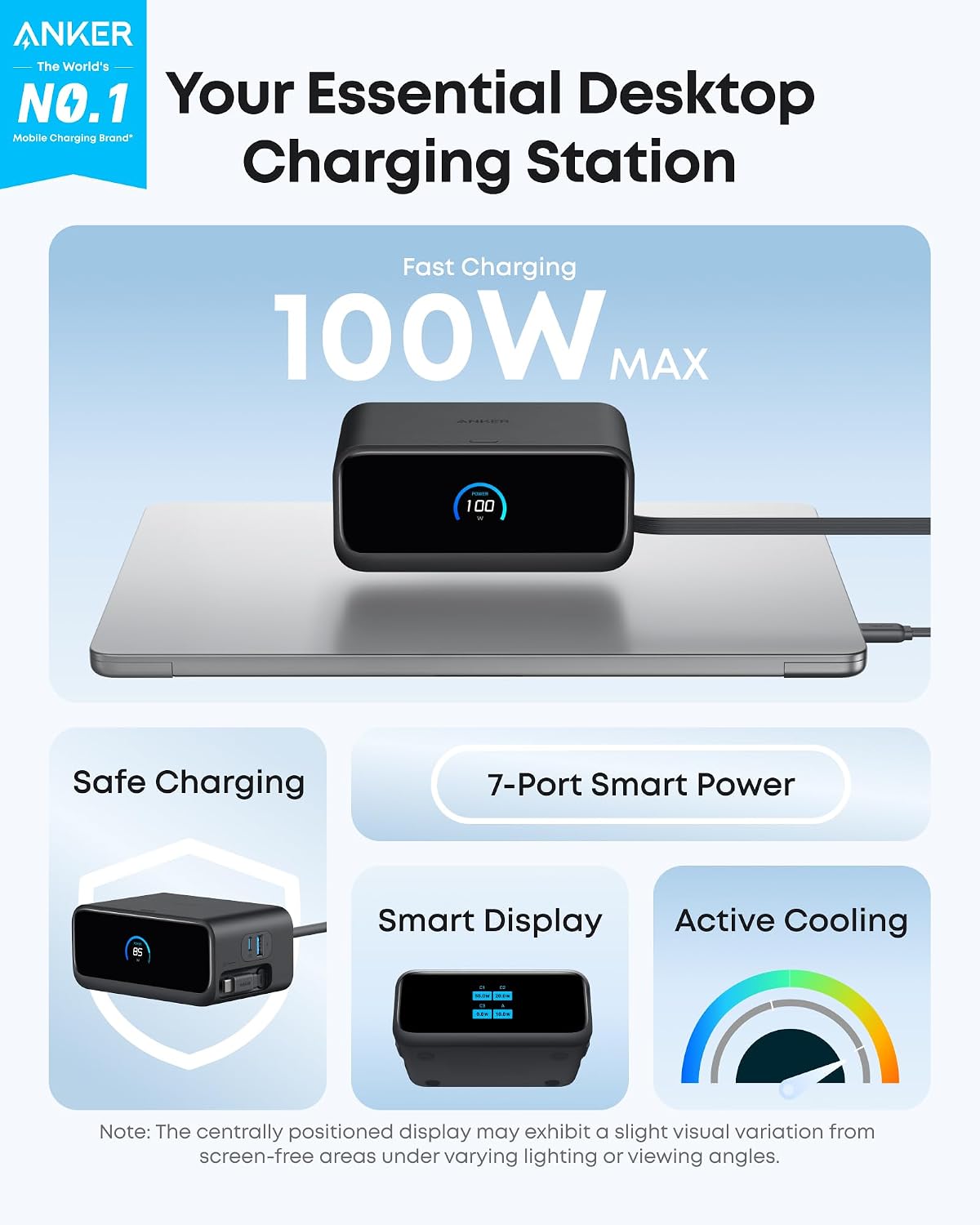 Anker Nano Charging Station, 100W 7-in-1 Power Strip, Retractable Charger | 2.3ft InstaCord Cable, Gaming Desk Accessories for Multiple Devices, 3 AC, 3 USB C, 1 USB A, MacBook Charger, Home Office
