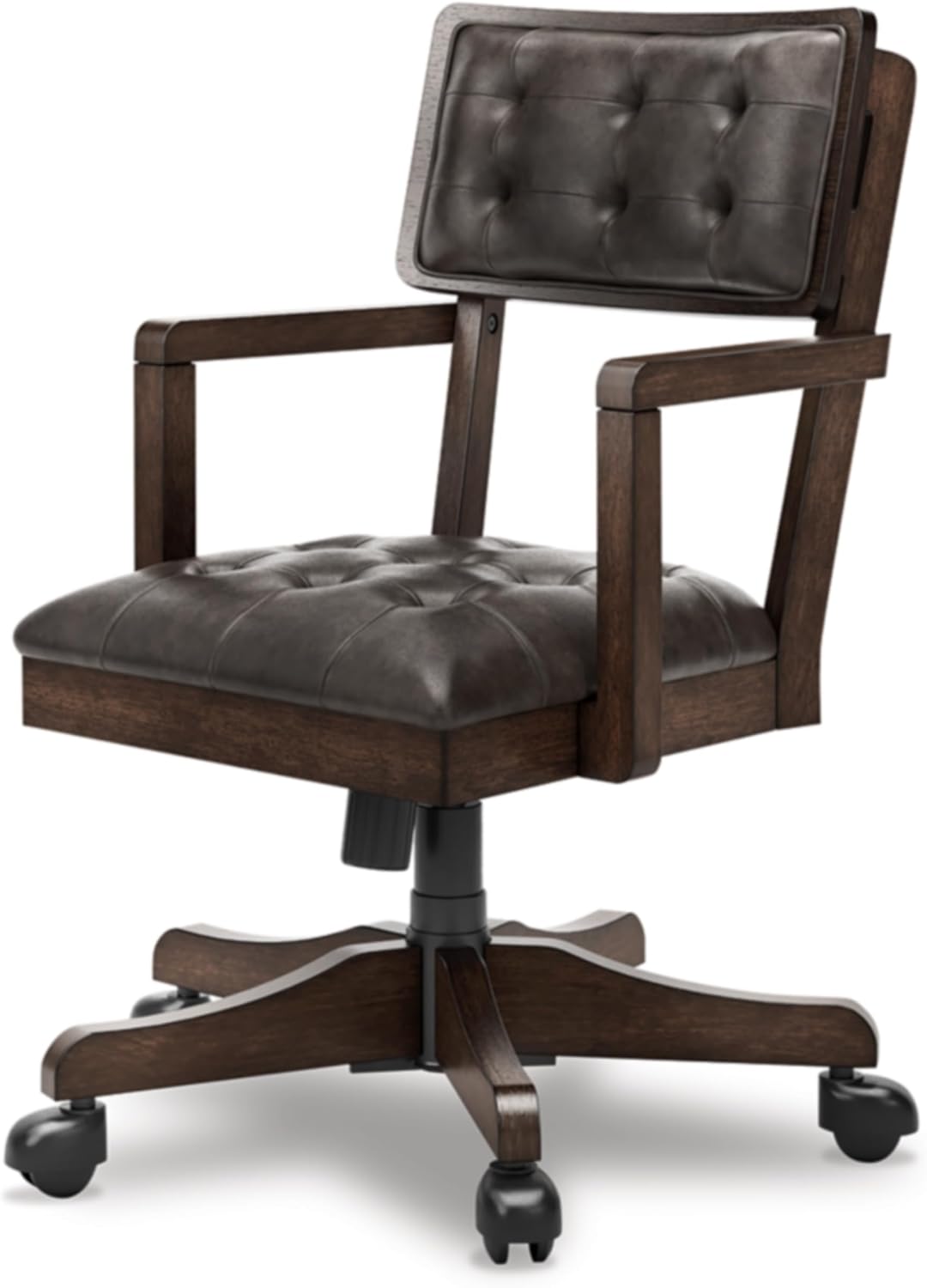 Signature Design by Ashley Breckington Contemporary Faux Leather Tufted Home Office Desk Chair with Adjustable Height and Casters, Solid Wood, 28.75" W x 28.75" D x 38" H, Dark Brown
