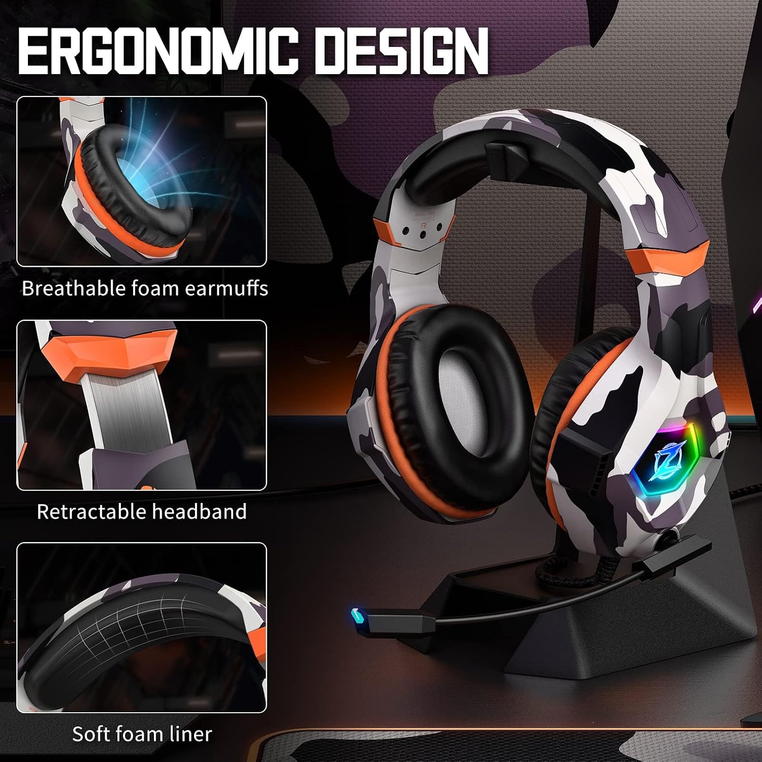 Ozeino Gaming Headset for PC, Ps4, Ps5, Xbox Headset with 7.1 Surround Sound, Gaming Headphones with Noise Cancelling Mic RGB Light Over Ear Headphones for Xbox Series X/S, Switch-Camo