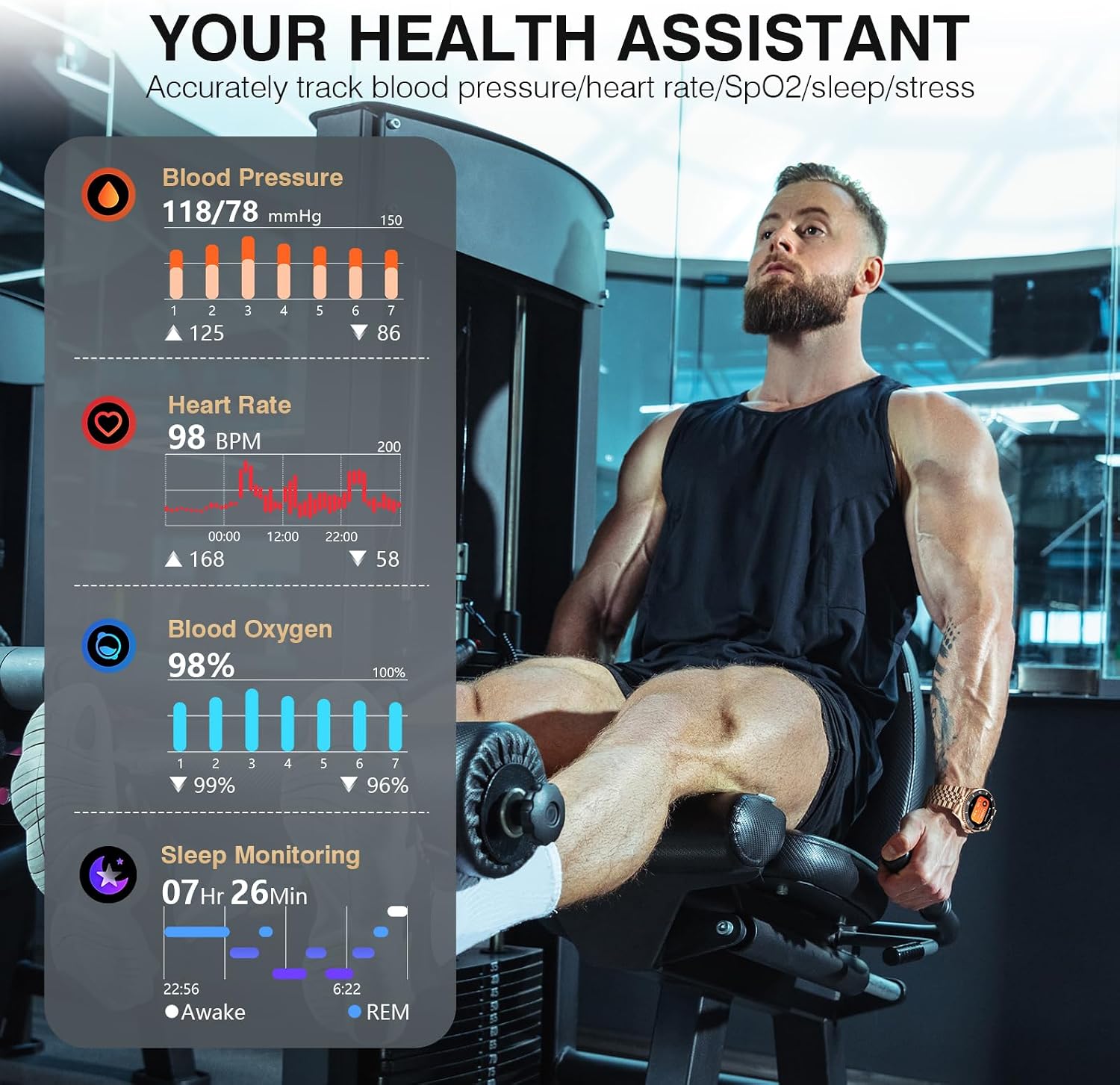 SOUYIE AI Smart Watch for Men, 1.19" AMOLED 44mm, 24/7 Heart Rate Blood Pressure Blood Oxygen Sleep Monitor, 107 Sports Tracker, IP67 Waterproof, Bluetooth Call Voice Assistant, for Android iOS Gold