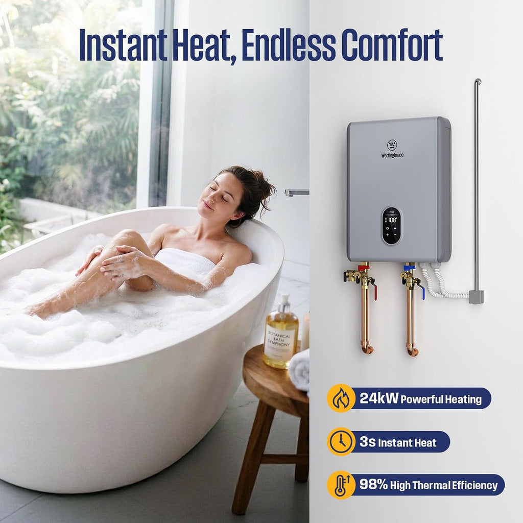 Westinghouse 24kW Electric Tankless Whole House Water Heater, 5.6 GPM Instant Hot Water on Demand, 240V, WIFI & Self Modulating High Efficiency, Copper Heating, LED Display, ETL Certified