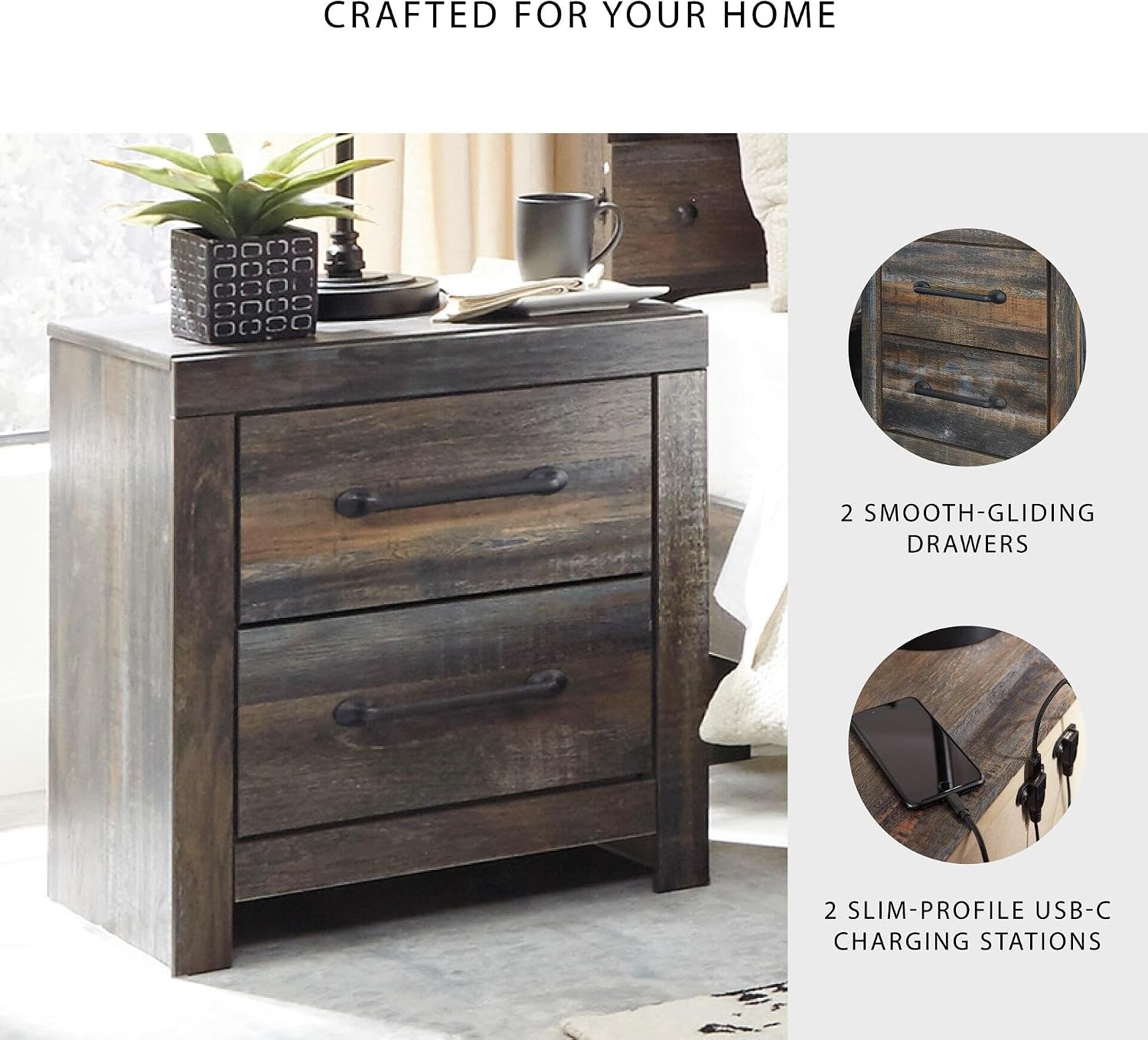 Signature Design by Ashley Drystan Rustic Industrial 2 Drawer Nightstand with 2 Slim-Profile USB Charging Stations, 24.37" Tall, Weatherworn Brown