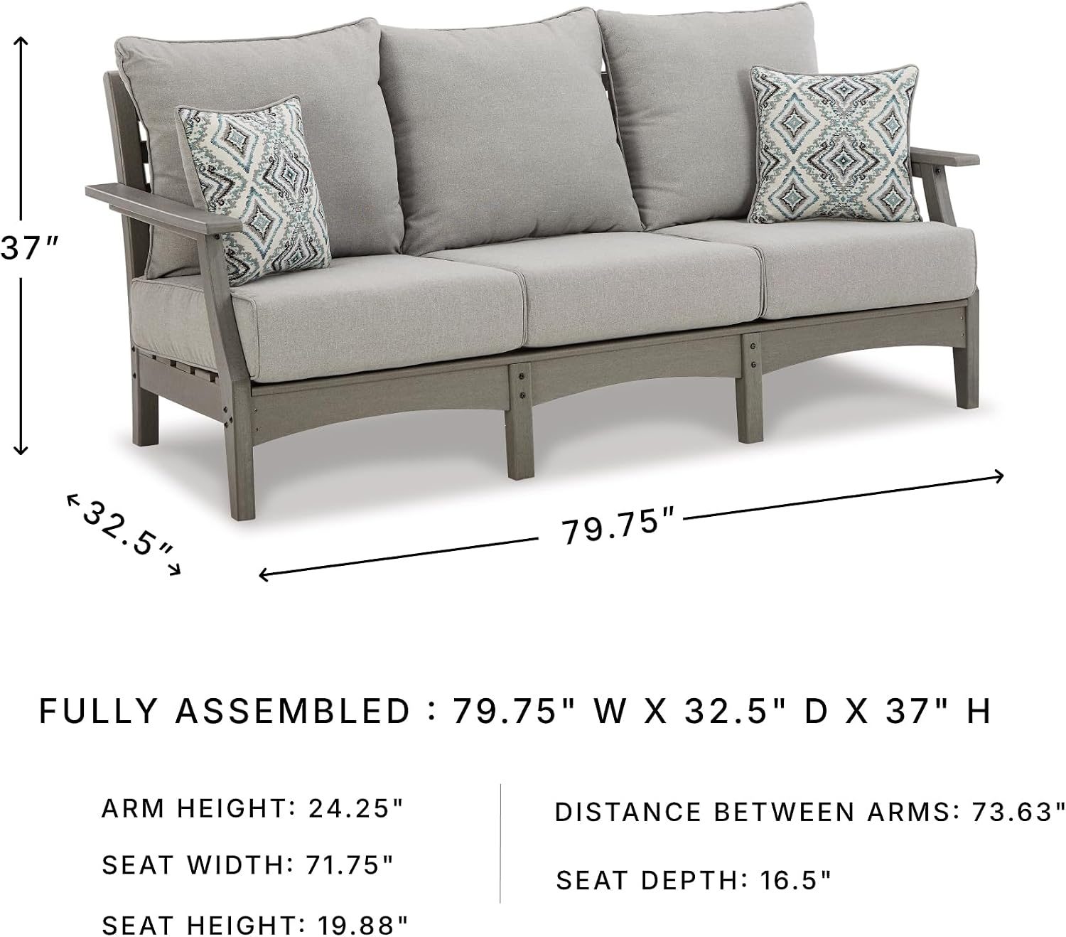 Signature Design by Ashley Visola 80"W 3-Seat Outdoor Patio Sofa, HDPE Wood Look, Couch with Performance Cushions for Deck Furniture, Gray