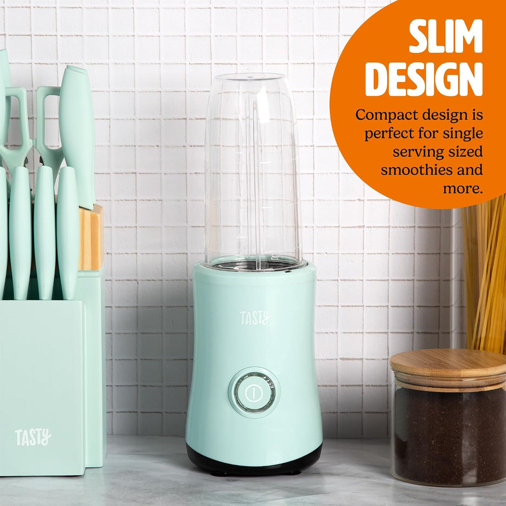 Tasty Personal Blender With Cup, 350W Powerful Blending Motor, 9-Piece Set With 4 Cups & Travel Lid, Compact & Portable, Aqua