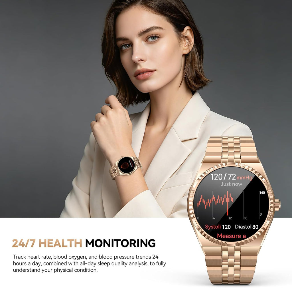 Business Luxury Smartwatch, 1.32" AMOLED HD Screen, Bluetooth 5.4 Calls, Stainless Steel Strap, 160+ Sports Modes, Fitness Watch with Heart Rate/SpO2/Sleep/Blood Pressure Monitor, iOS and Android Gold