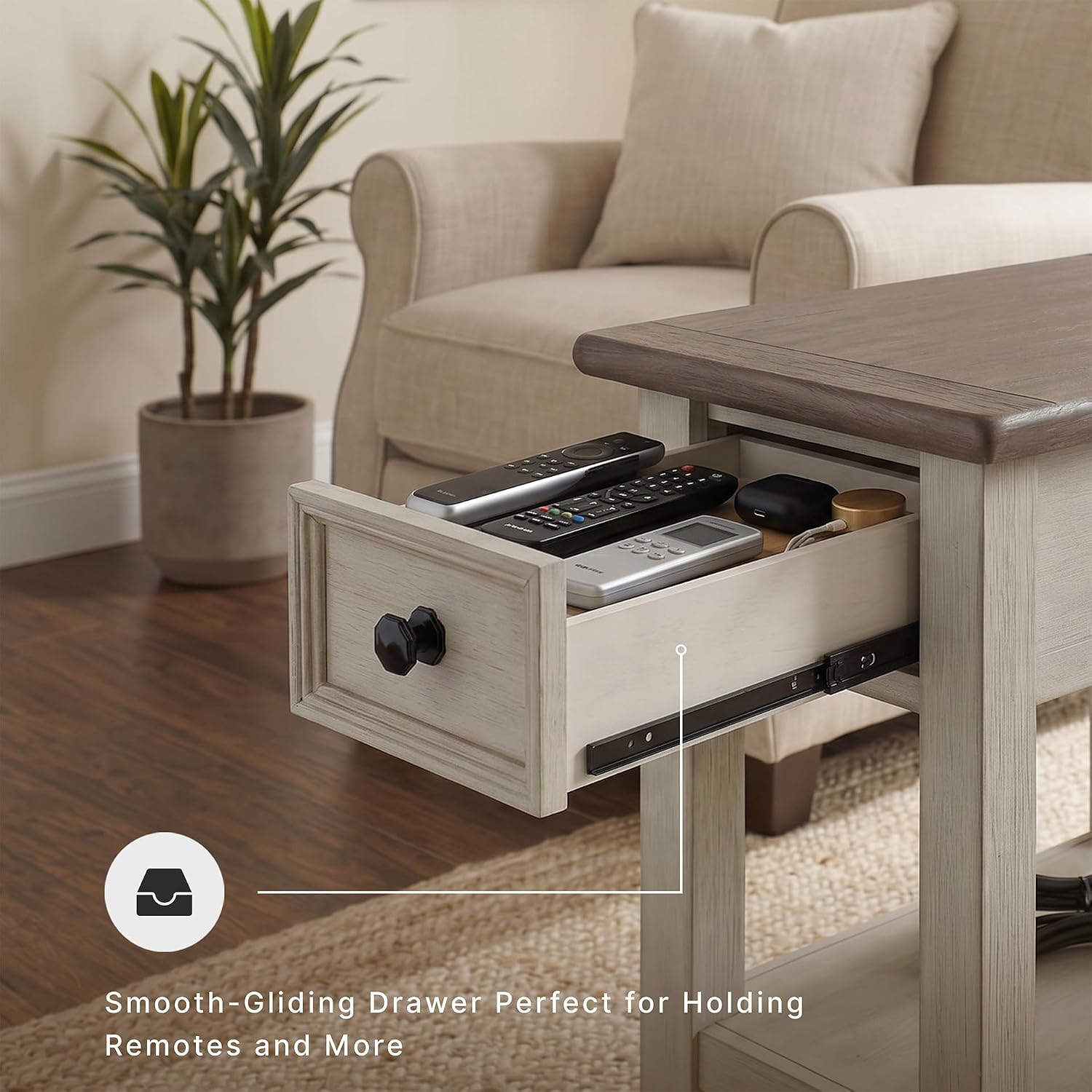 Signature Design by Ashley Bolanburg Chairside End Table With Charging Station, Two-Tone Wood Accent Table With Drawer Storage, Plank Top Design for Living Room or Bedroom, Antique White