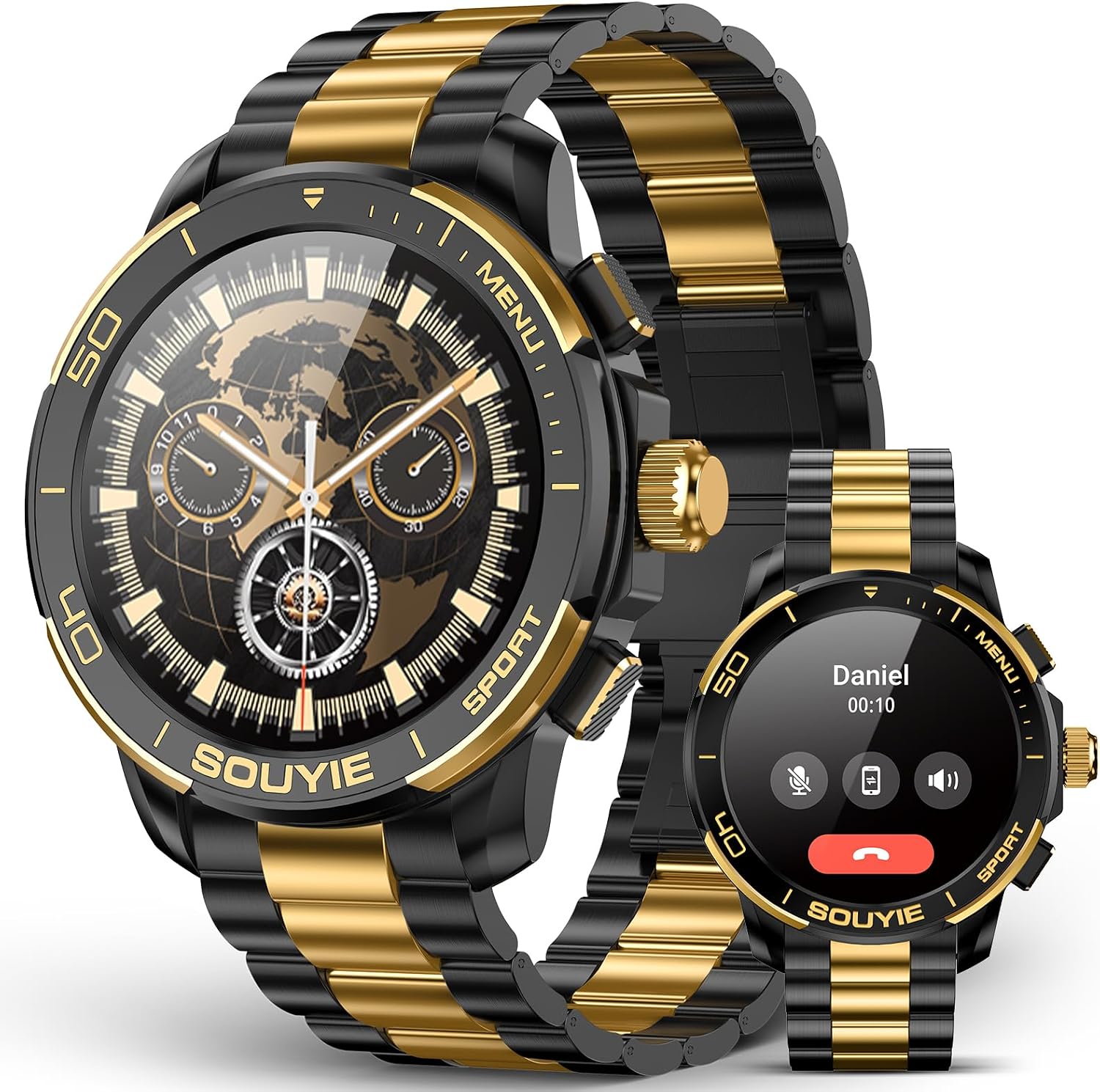 SOUYIE SW-7 Lux Smart Watch for Men, High-Gloss Ceramic Bezel & Two-Tone Steel, 1.43" AMOLED Display, AI GPT Voice Assistant, Bluetooth Calls, Health Monitor, 100+ Sports Modes, Compatible iOS Android