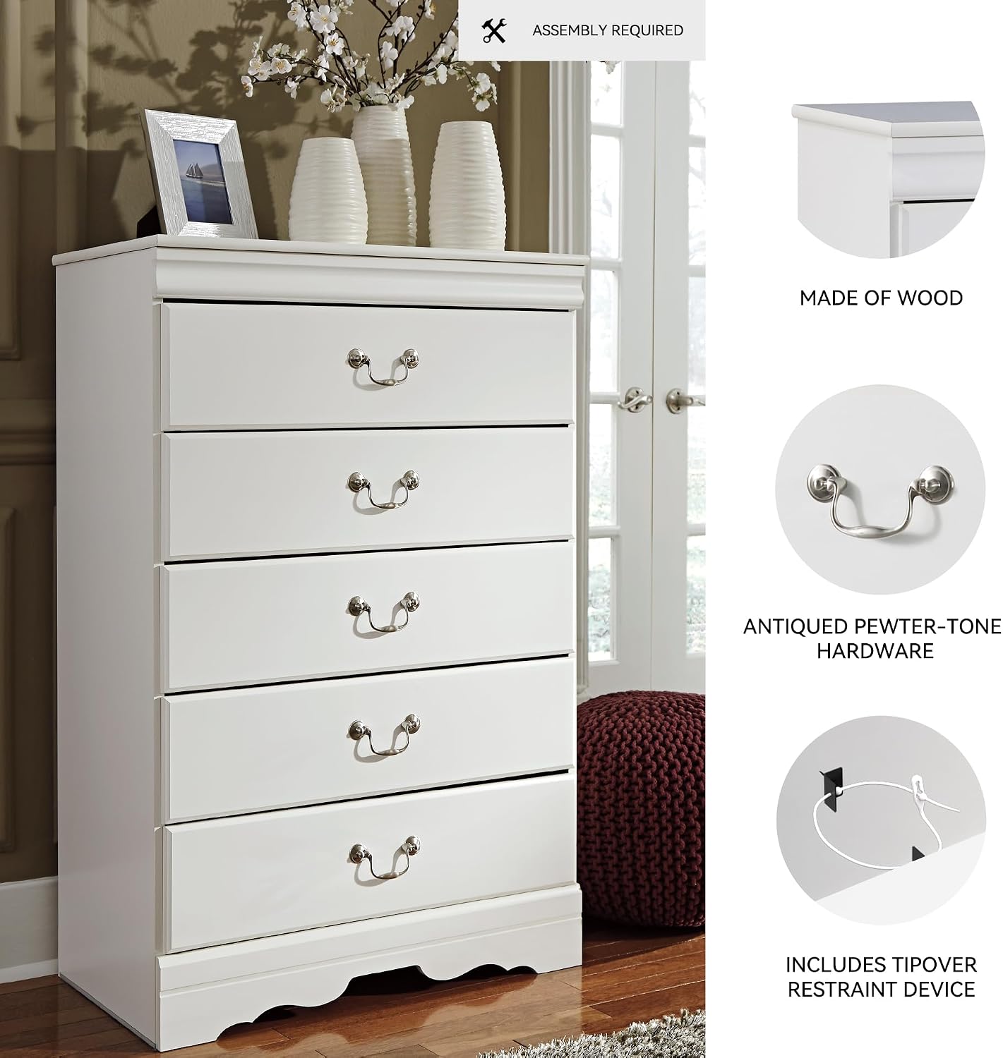 Signature Design by Ashley Children's Anarasia 5 Drawer Chest of Drawers, White