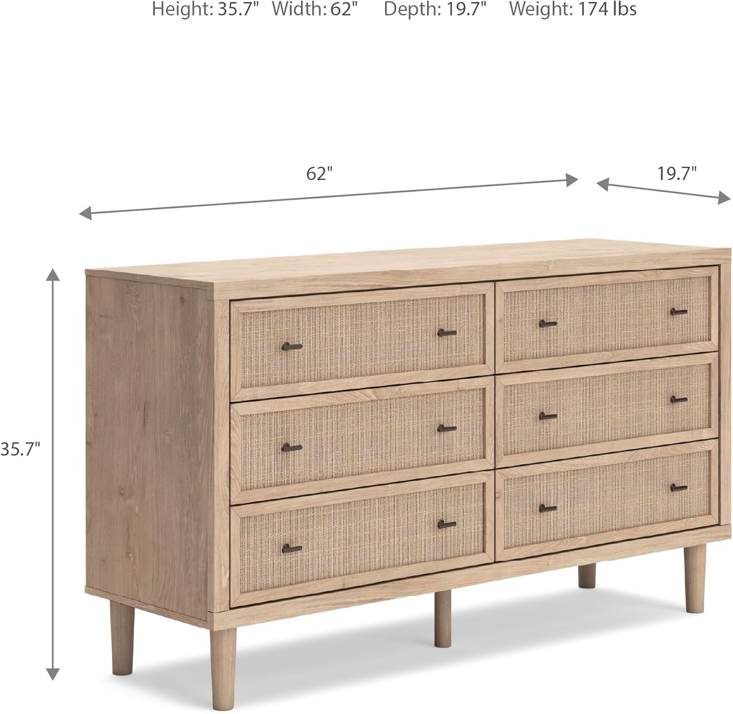 Signature Design by Ashley Cielden 6 Drawer Dresser, Quick 10-Minute Assembly, Textured Cane Details, Coastal Modern Bedroom Storage, Light Brown Two-Tone