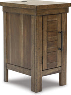 Signature Design by Ashley Moriville Rustic Farmhouse End Table with 1 Cabinet Door and USB Ports, Brown