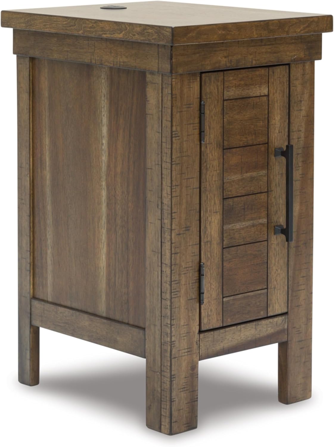 Signature Design by Ashley Moriville Rustic Farmhouse End Table with 1 Cabinet Door and USB Ports, Brown