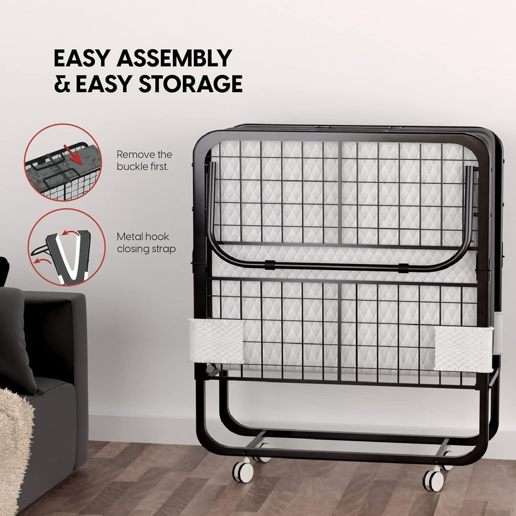 EconoHome Folding Bed with Mattress - 75x38 Twin Size Frame - Portable Rollaway Guest Bed with 5-inch Memory Foam Mattress - Space-Saving Foldable Design for Easy Storage
