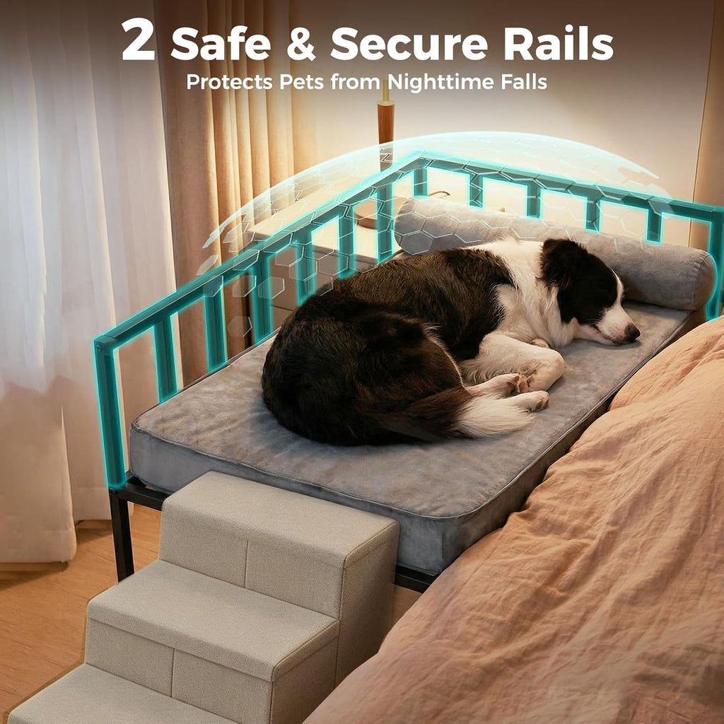 Bedside Dog Bed, Height Adjustable Elevated Co-Sleeper for Medium Large Dogs, Fits Low to High Beds (28-37in), Heavy-Duty Metal Bunk Bed Frame with Safety Side Rails & Washable Cushion