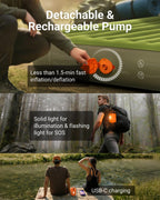 iDOO Portable Camping Essentials Mattress, 10" Twin XL Air Mattress with Cordless Rechargeable Pump, 2-in-1 Fast Inflation, Built-in LED Light, USB Charging, Retractable Camping Cot Sleeping Pad