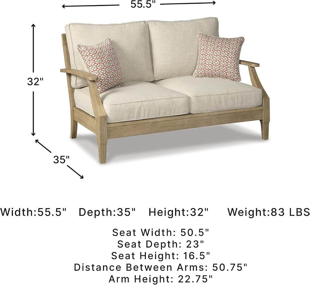 Signature Design by Ashley Clare View Eucalyptus Wood Outdoor Loveseat, Patio Couch with Nuvella Cushions, 56" W x 35" D x 32" H, Beige