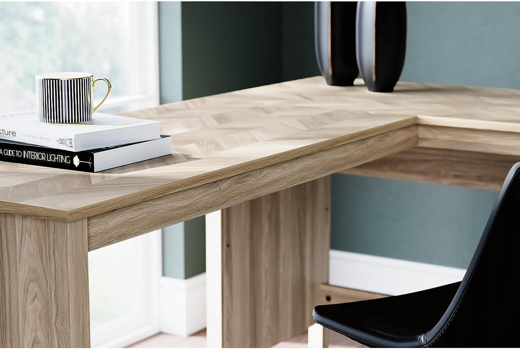 Signature Design by Ashley Battelle Scandinavian 60" Home Office Desk with Return, Drawer and Cabinet, Light Brown