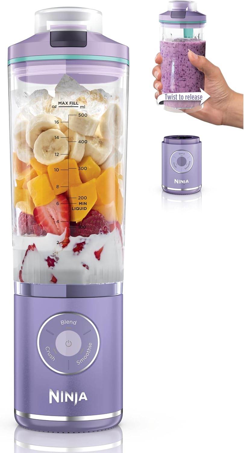 Ninja Blast Max, Portable Blender + Twist & Go, Personal Smoothie, Blend, Ice Crush, 3 Programs, Cordless, 22oz removable Vessel, Dishwasher Safe, Leakproof, Lavender/Teal, BC251PU