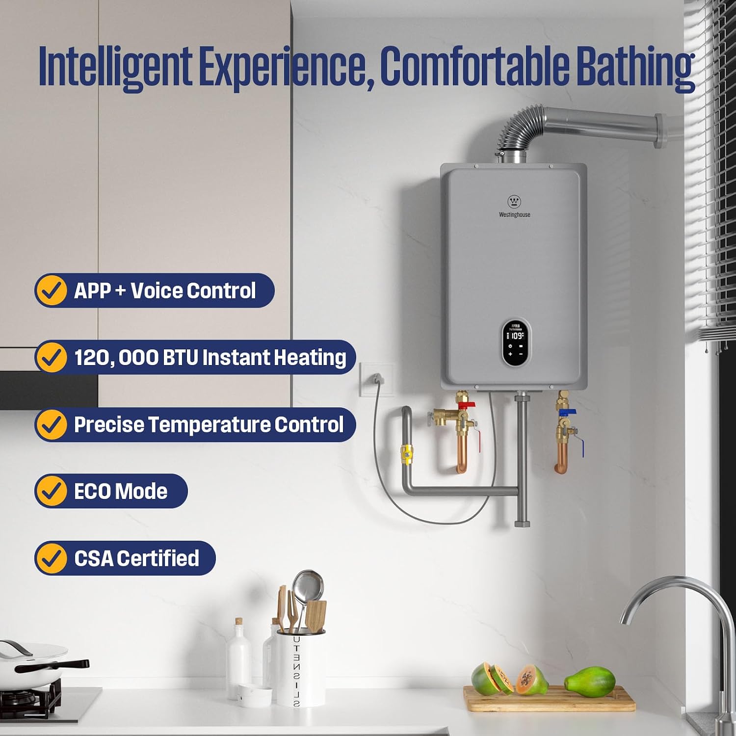 Westinghouse Tankless Water Heater Gas, 5.1 GPM 120,000 BTU Indoor Natural Gas Heater Whole House, Smart WiFi&App Control, CSA Certified, ±1°F Temperature Stability, Non-Condensing for 2-4 Fixtures